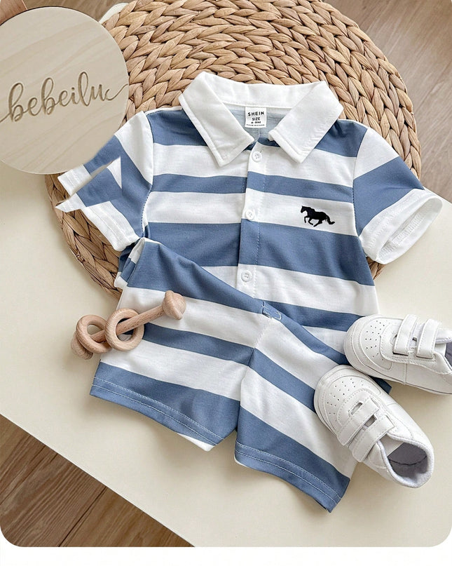 Casual Striped Short-Sleeved Romper With Lapel Collar And Shorts