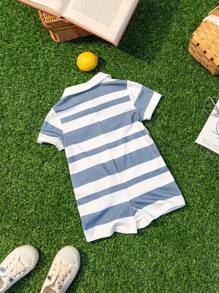 Casual Striped Short-Sleeved Romper With Lapel Collar And Shorts