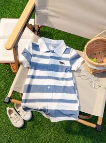 Casual Striped Short-Sleeved Romper With Lapel Collar And Shorts