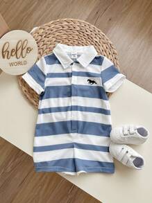Casual Striped Short-Sleeved Romper With Lapel Collar And Shorts