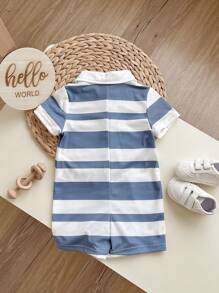 Casual Striped Short-Sleeved Romper With Lapel Collar And Shorts
