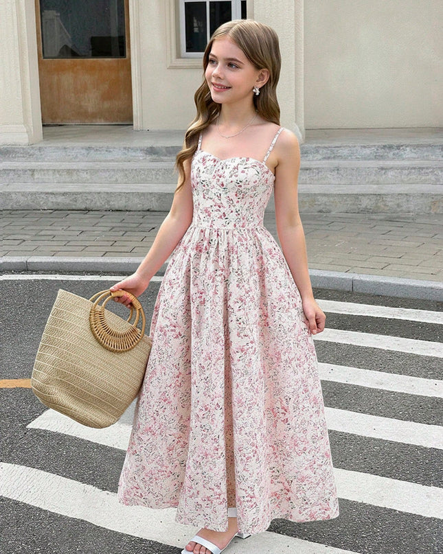 Tween Girl Sweet Pink Ditsy Floral Camisole Mid-Length Dress