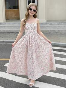 Tween Girl Sweet Pink Ditsy Floral Camisole Mid-Length Dress