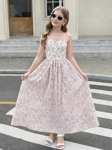 Tween Girl Sweet Pink Ditsy Floral Camisole Mid-Length Dress