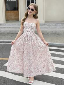 Tween Girl Sweet Pink Ditsy Floral Camisole Mid-Length Dress