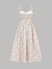 Tween Girl Sweet Pink Ditsy Floral Camisole Mid-Length Dress