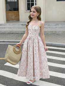 Tween Girl Sweet Pink Ditsy Floral Camisole Mid-Length Dress